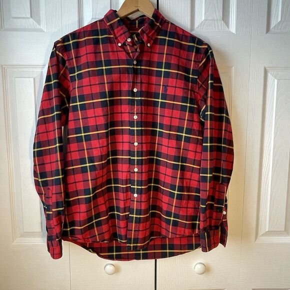 Ralph Lauren Shirt Mens L Large Red Plaid‎ Button Down Long Sleeve Shirttail Hem - Picture 1 of 6